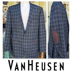 Blue Plaid Sport Coat Blazer Jacket w Suede Elbow Patches 42 L